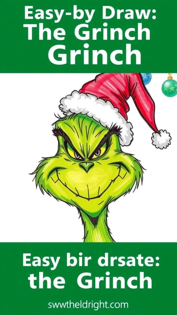 A colorful drawing of the Grinch with a Santa hat, smiling, surrounded by Christmas decorations.